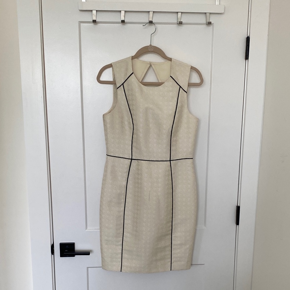 Cream Embossed Shift Dress with Black Trim